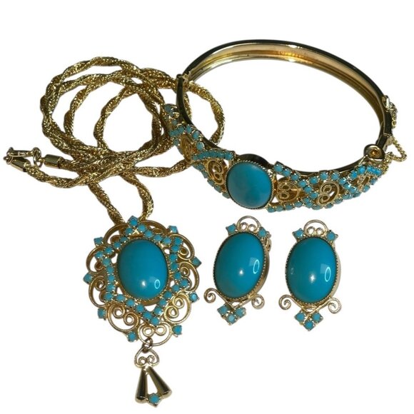 Vtg Scroll Turquoise Glass Cabochons 3pc Set Necklace Clip On Earrings Bracelet